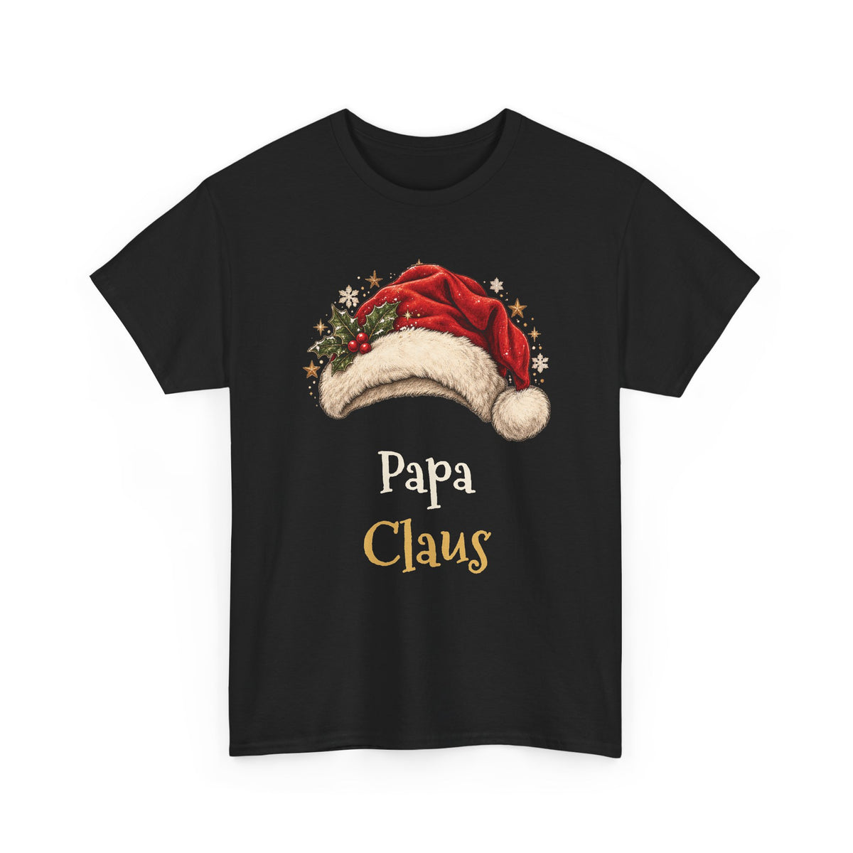 Black Papa Claus t-shirt with a red Santa hat and holly, front view