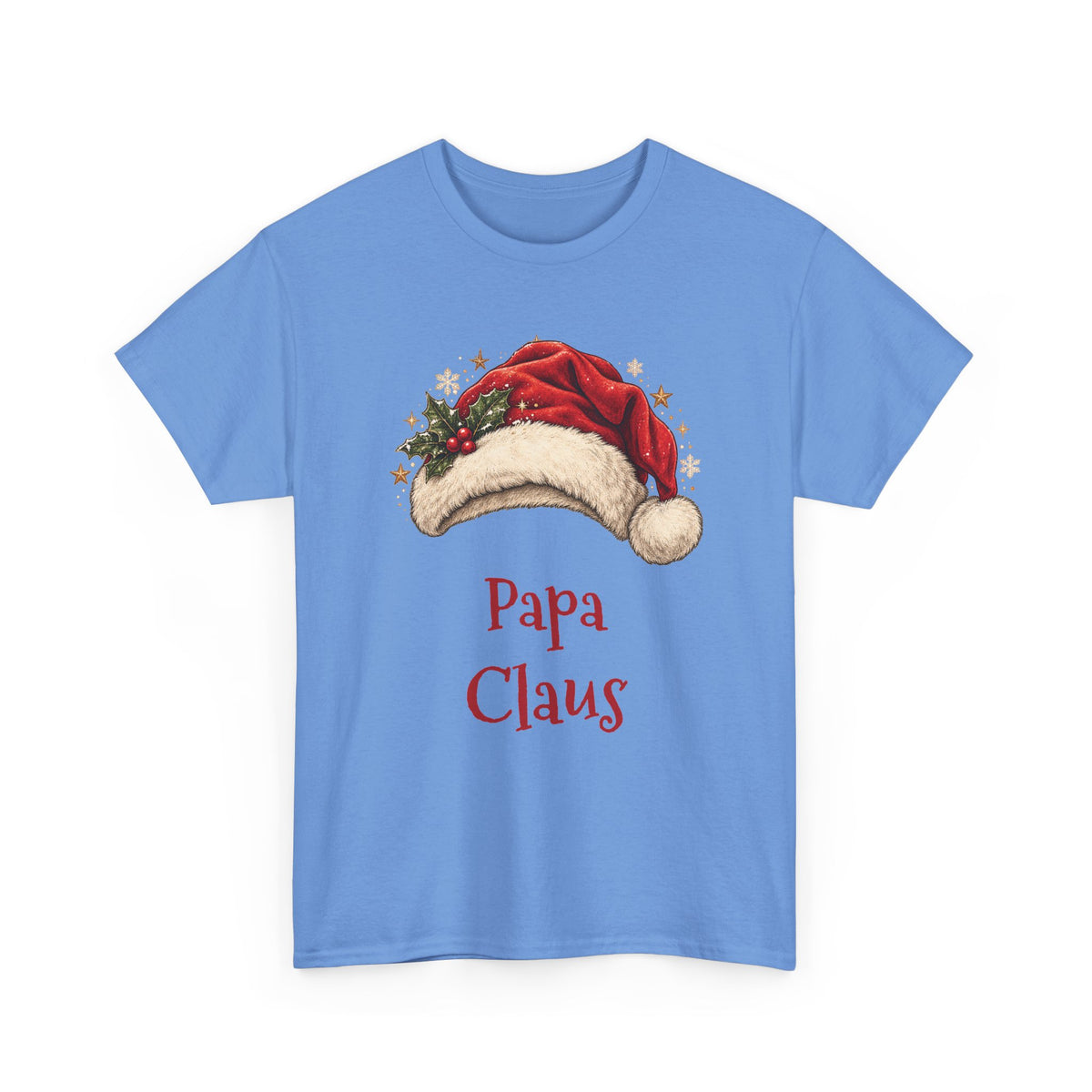 Carolina Blue Papa Claus t-shirt with a red Santa hat and holly, front view