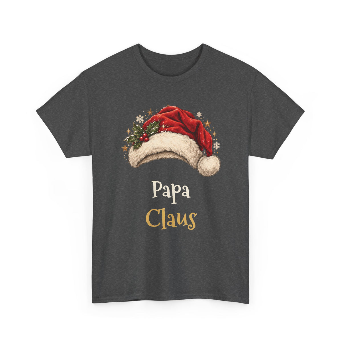 Dark Heather Papa Claus t-shirt with a red Santa hat and holly, front view