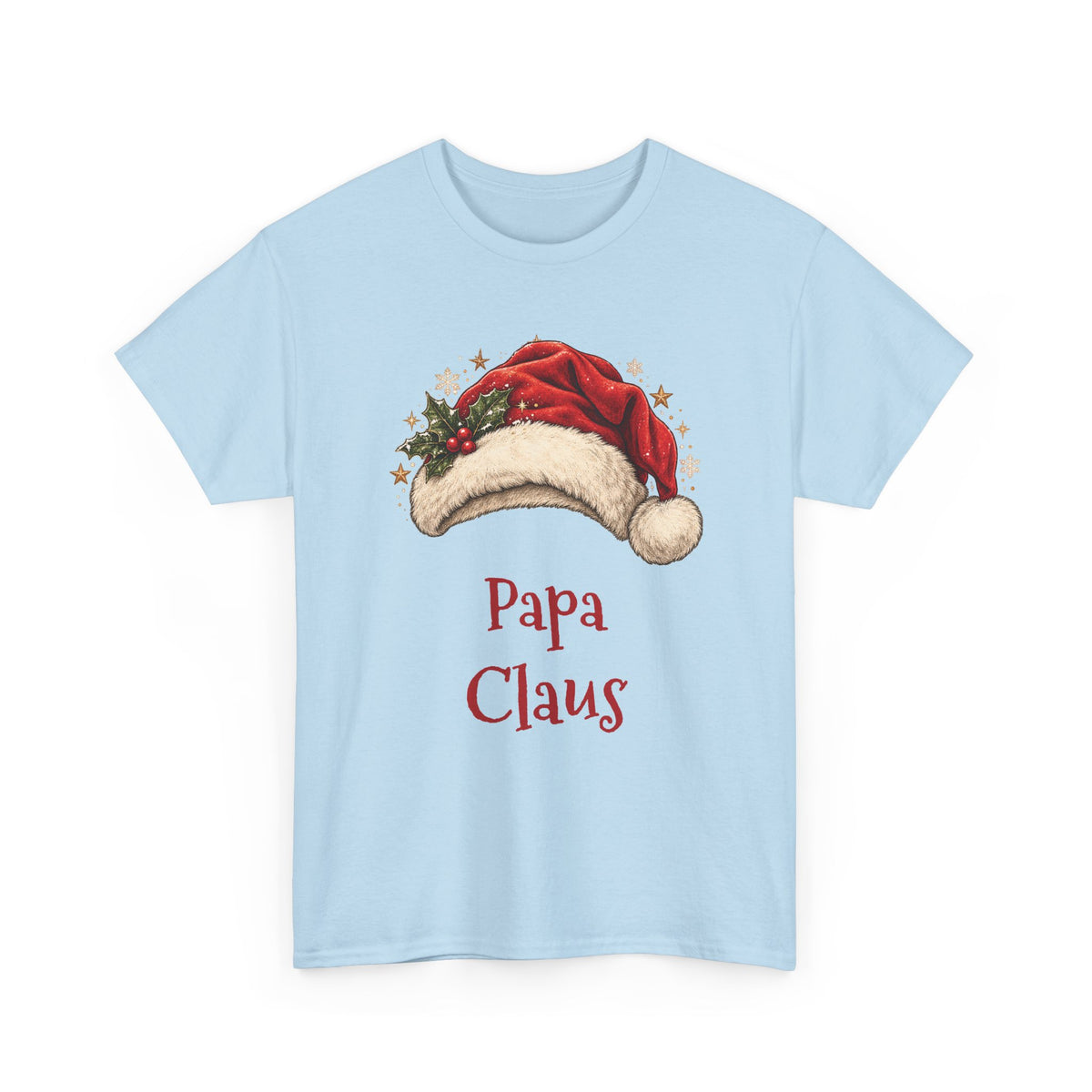 Light Blue Papa Claus t-shirt with a red Santa hat and holly, front view