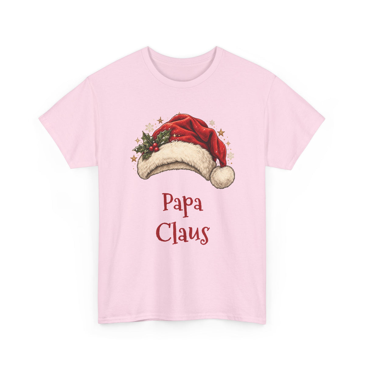 Light Pink Papa Claus t-shirt with a red Santa hat and holly, front view