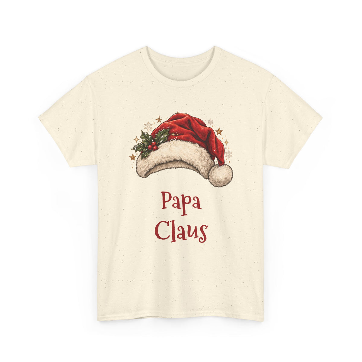 Natural Papa Claus t-shirt with a red Santa hat and holly, front view