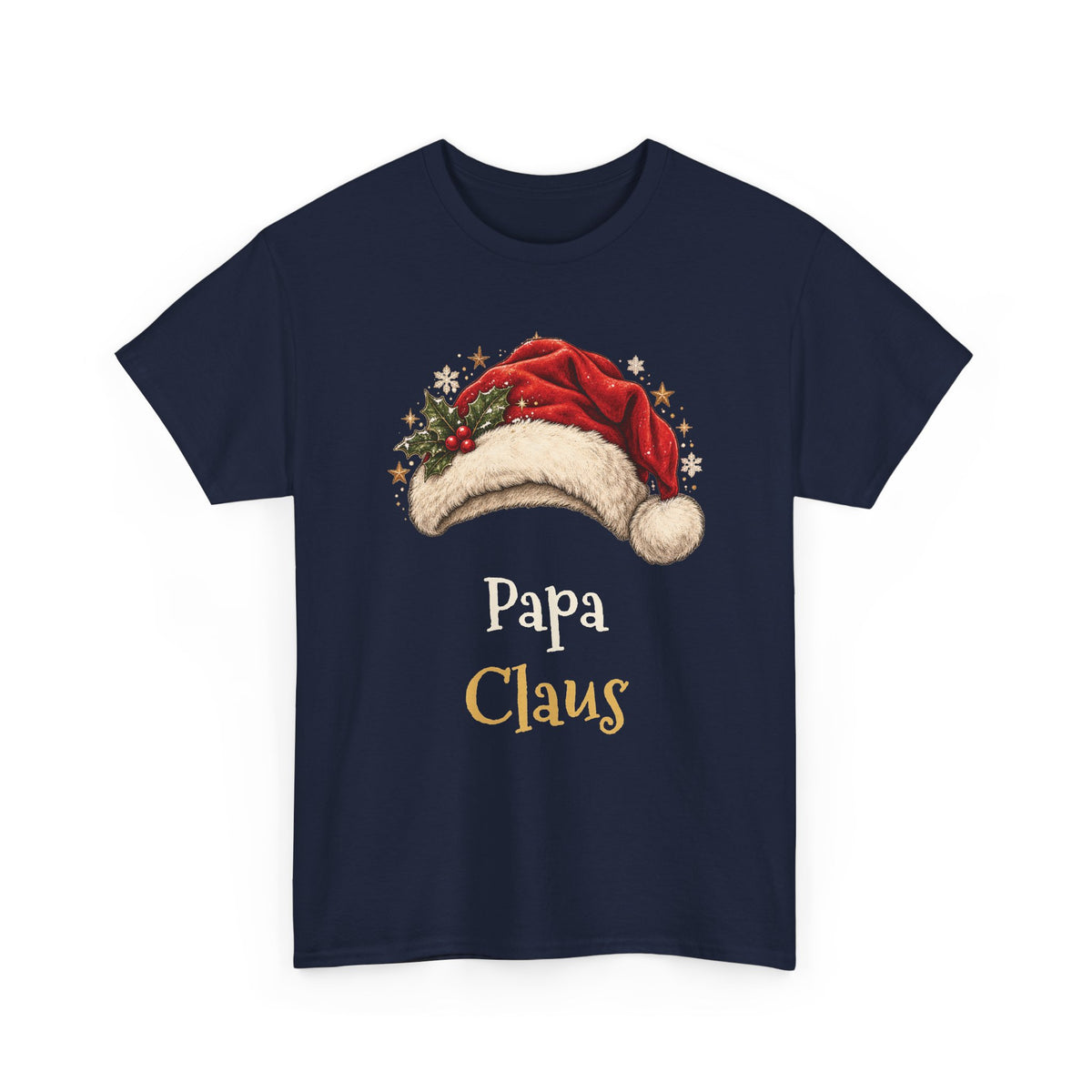 Navy Papa Claus t-shirt with a red Santa hat and holly, front view