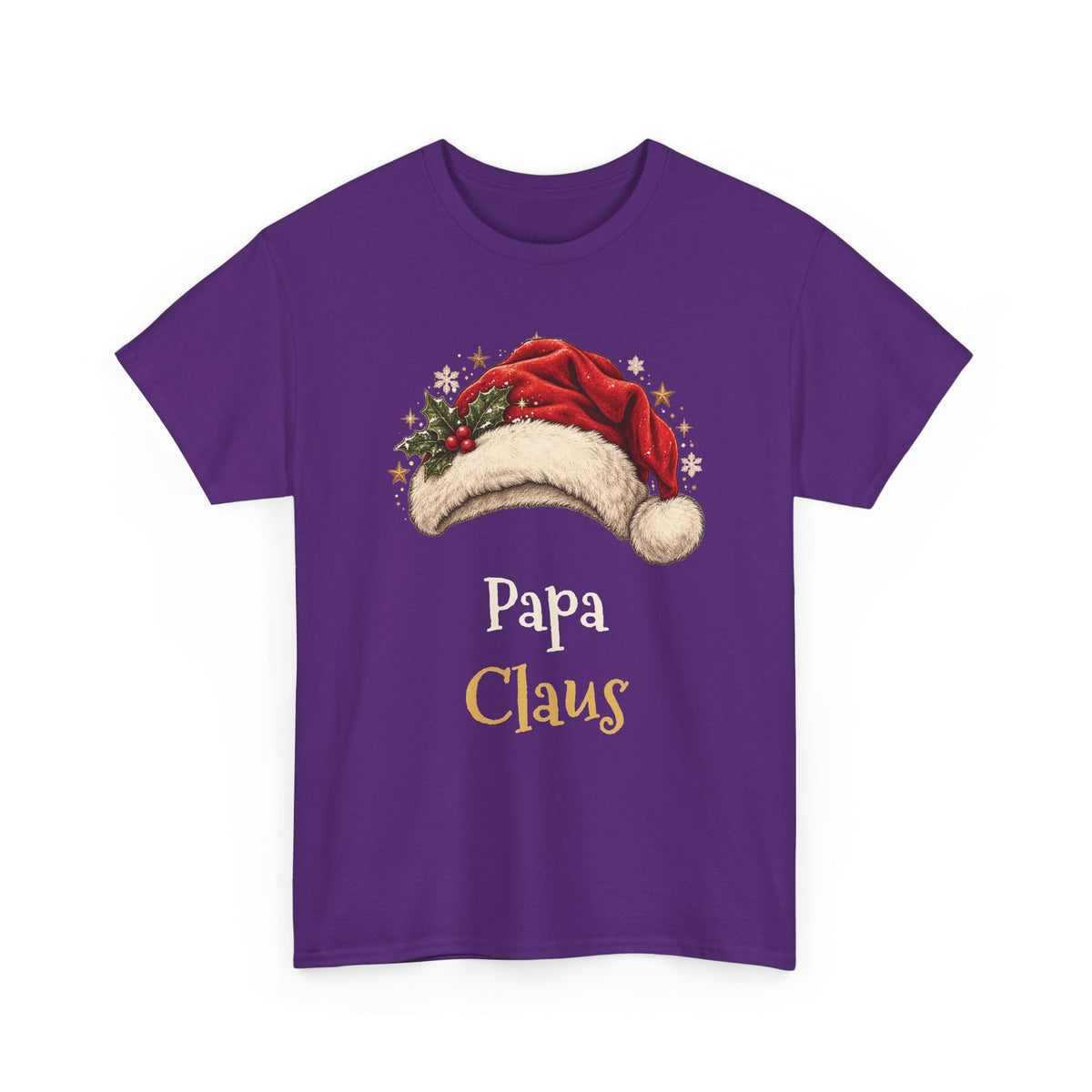 Purple Papa Claus t-shirt with a red Santa hat and holly, front view
