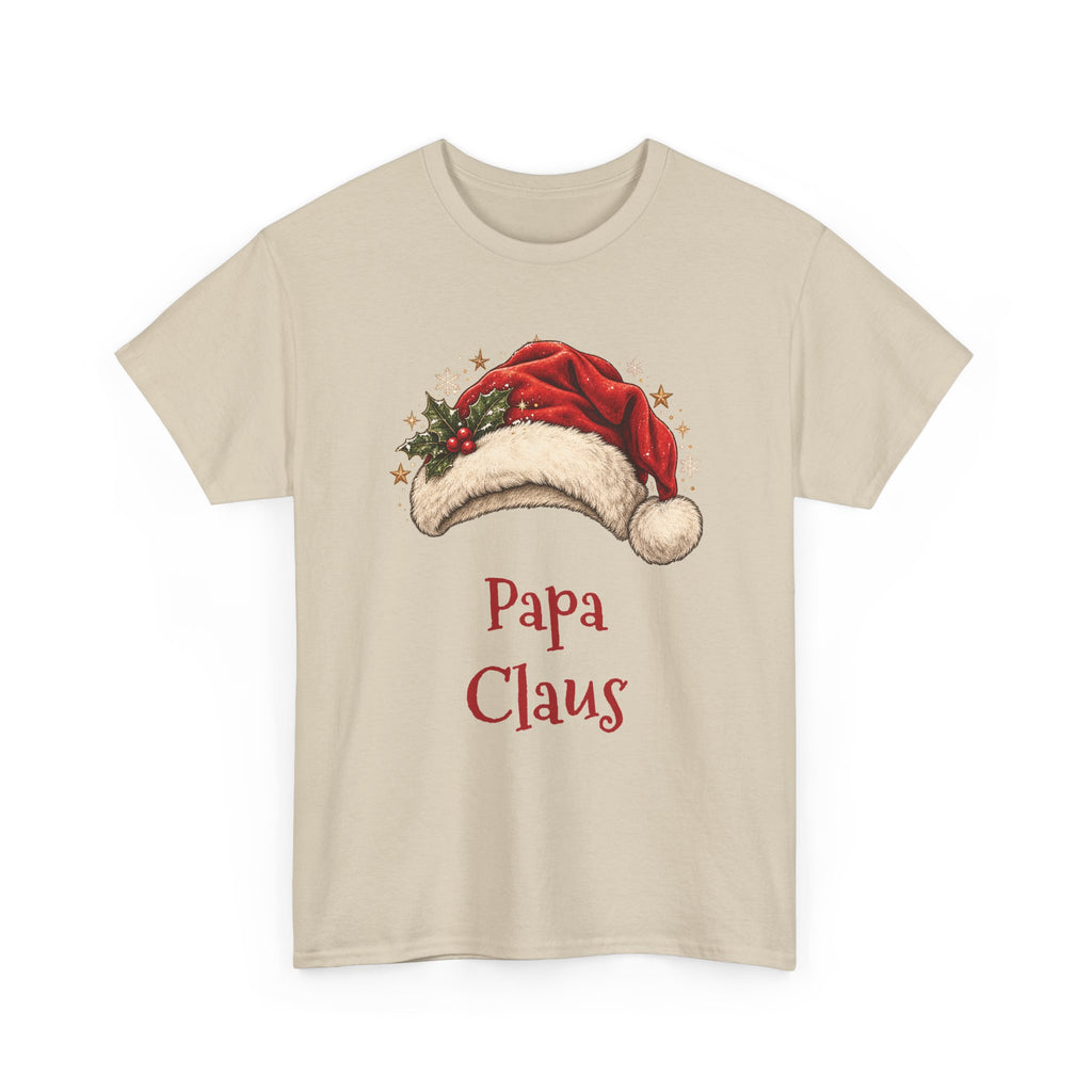 Sand Papa Claus t-shirt with a red Santa hat and holly, front view