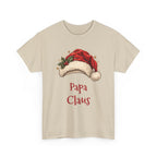 Sand Papa Claus t-shirt with a red Santa hat and holly, front view