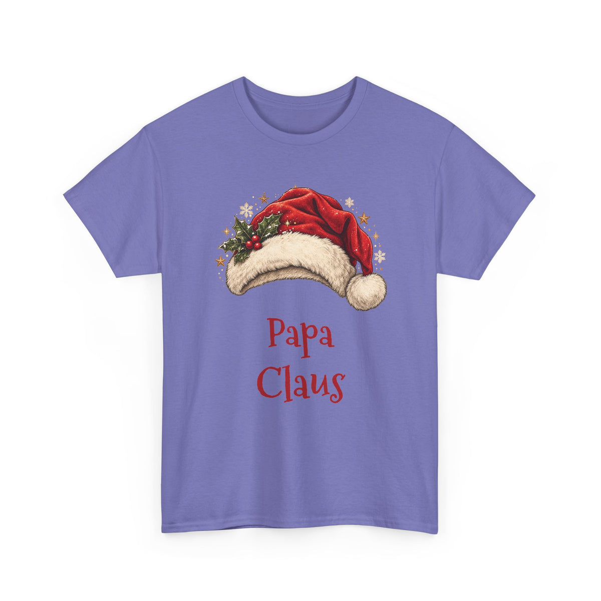 Violet Papa Claus t-shirt with a red Santa hat and holly, front view