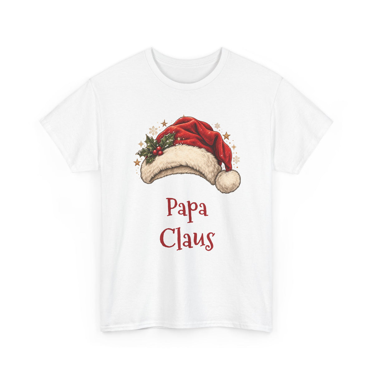 White Papa Claus t-shirt with a red Santa hat and holly, front view