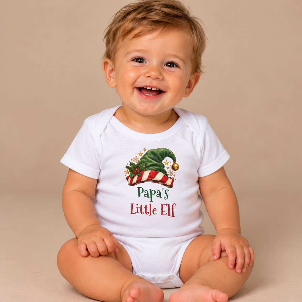 Baby wearing the White Papa's Little Elf Baby Bodysuit