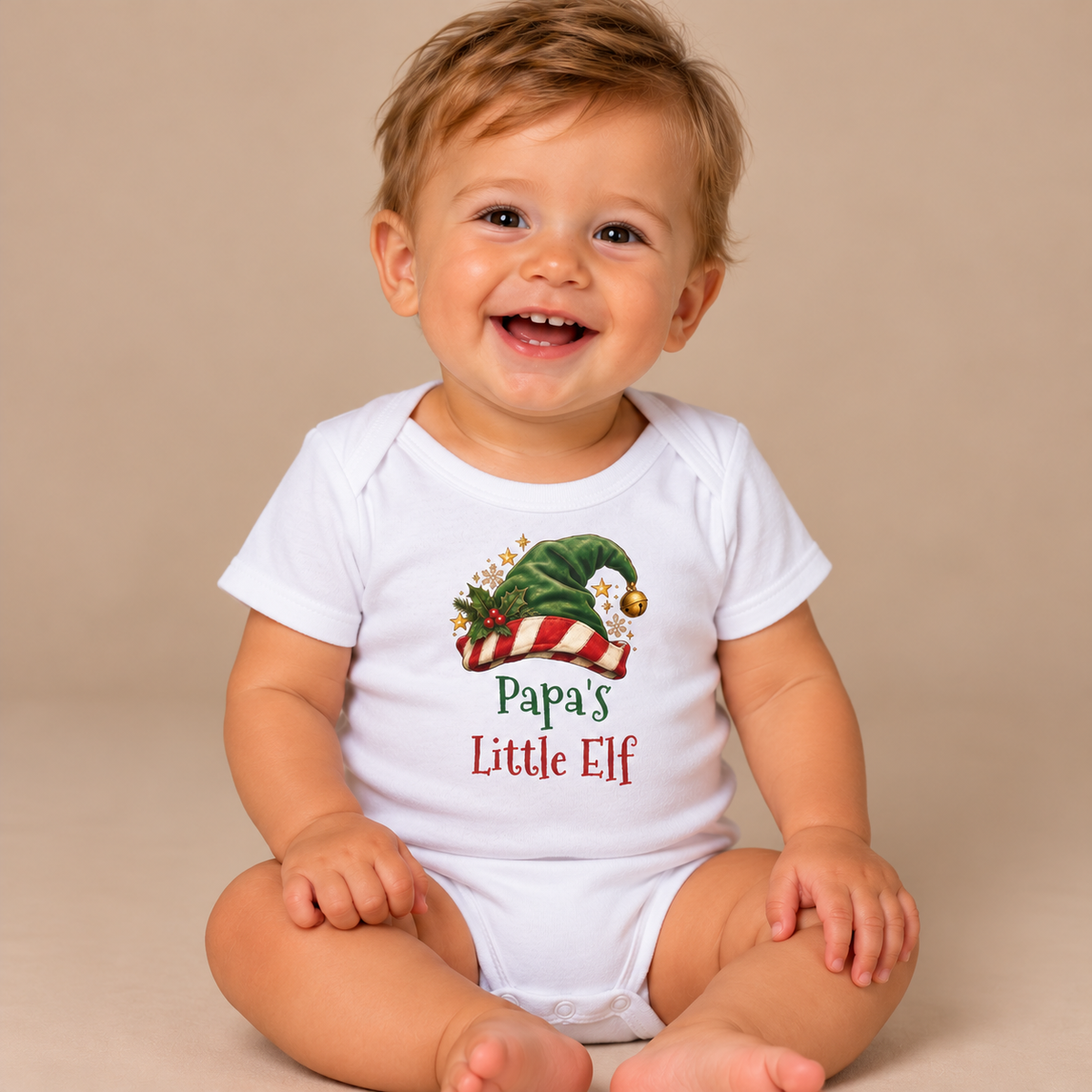 Baby wearing the White Papa's Little Elf Baby Bodysuit
