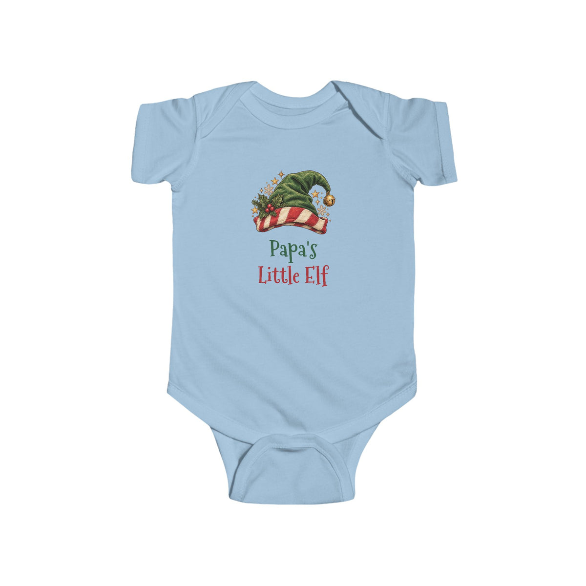 Light Blue Papa's Little Elf baby bodysuit with a green elf hat and holly, front view