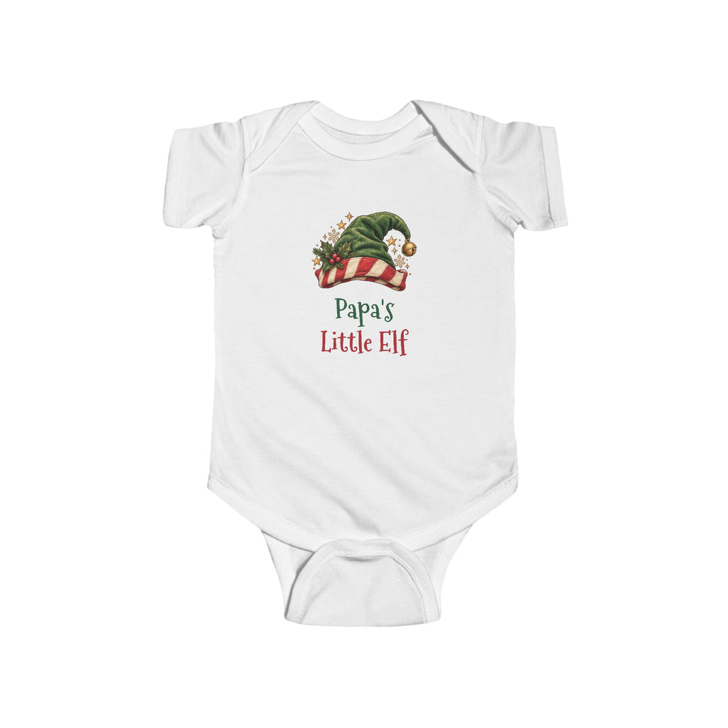 White Papa's Little Elf baby bodysuit with a green elf hat and holly, front view