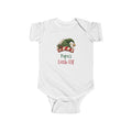 White Papa's Little Elf baby bodysuit with a green elf hat and holly, front view