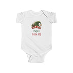 White Papa's Little Elf baby bodysuit with a green elf hat and holly, front view