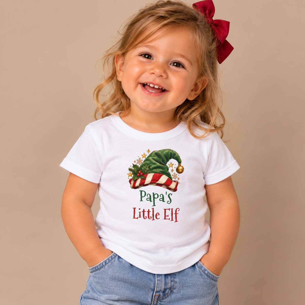 Girl wearing the White Papa's Little Elf Baby T-Shirt