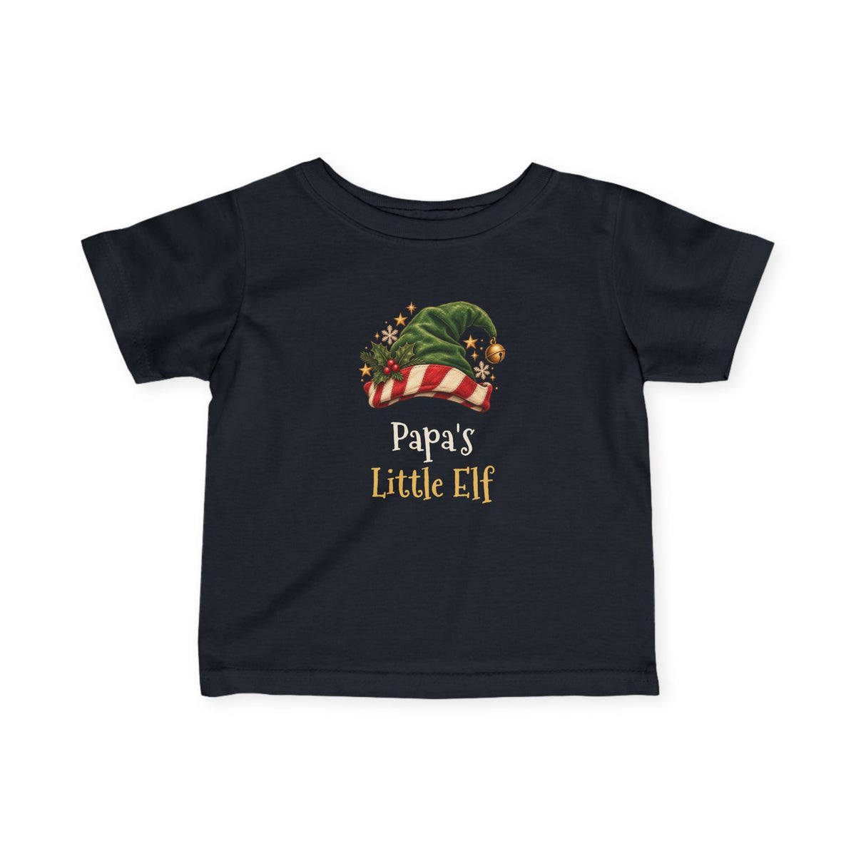 Black Papa's Little Elf baby t-shirt with a green elf hat and holly, front view