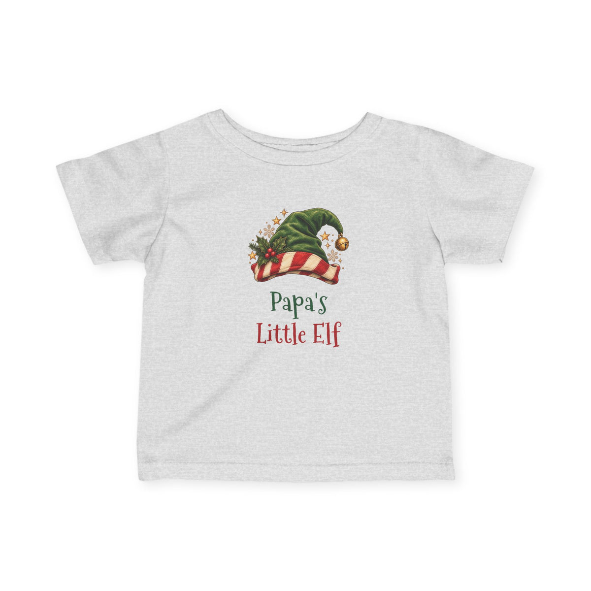 Heather Papa's Little Elf baby t-shirt with a green elf hat and holly, front view