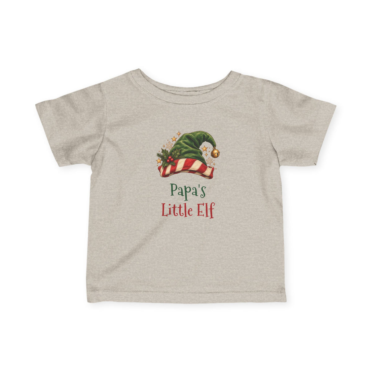 Natural Heather Papa's Little Elf baby t-shirt with a green elf hat and holly, front view
