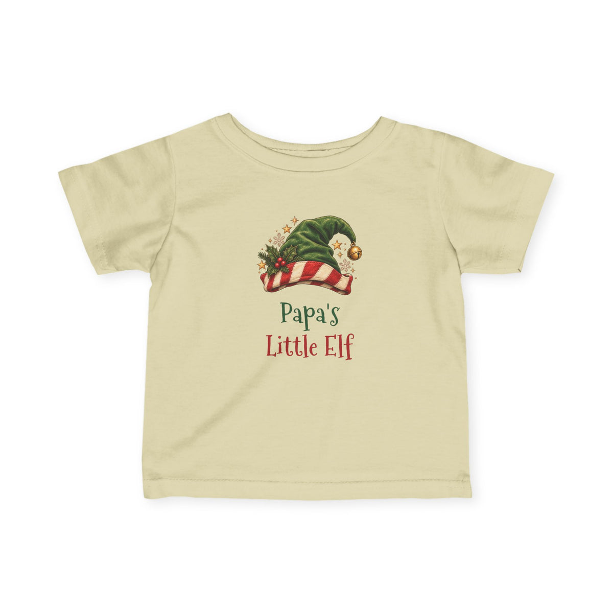 Natural Papa's Little Elf baby t-shirt with a green elf hat and holly, front view