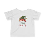 White Papa's Little Elf baby t-shirt with a green elf hat and holly, front view