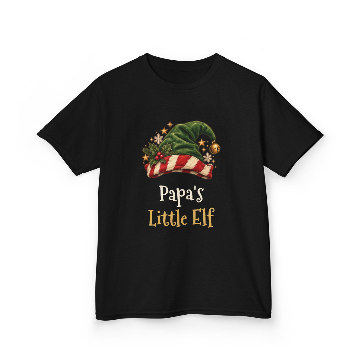 Black Papa's Little Elf kids t-shirt with a green elf hat and holly, front view