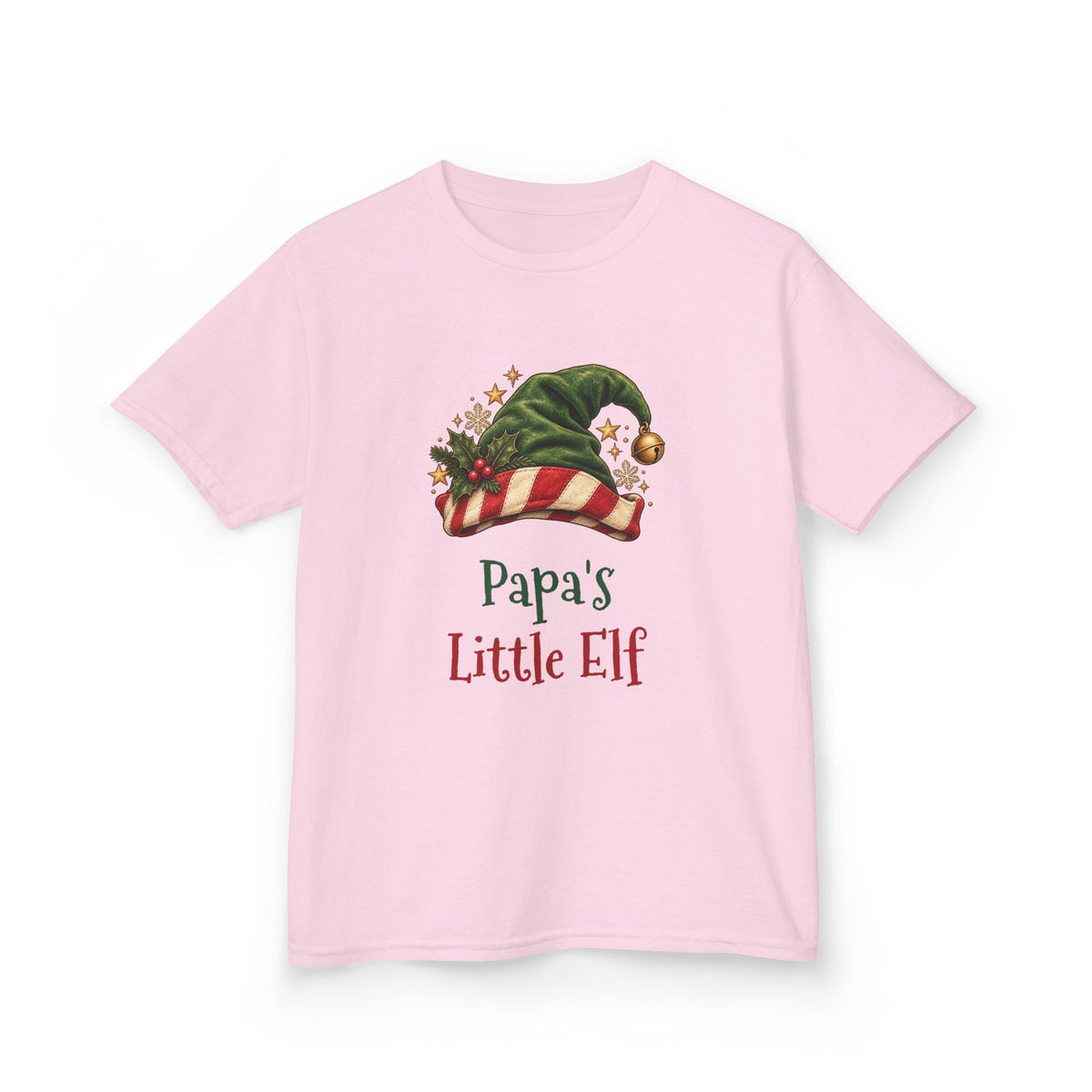 Light Pink Papa's Little Elf kids t-shirt with a green elf hat and holly, front view