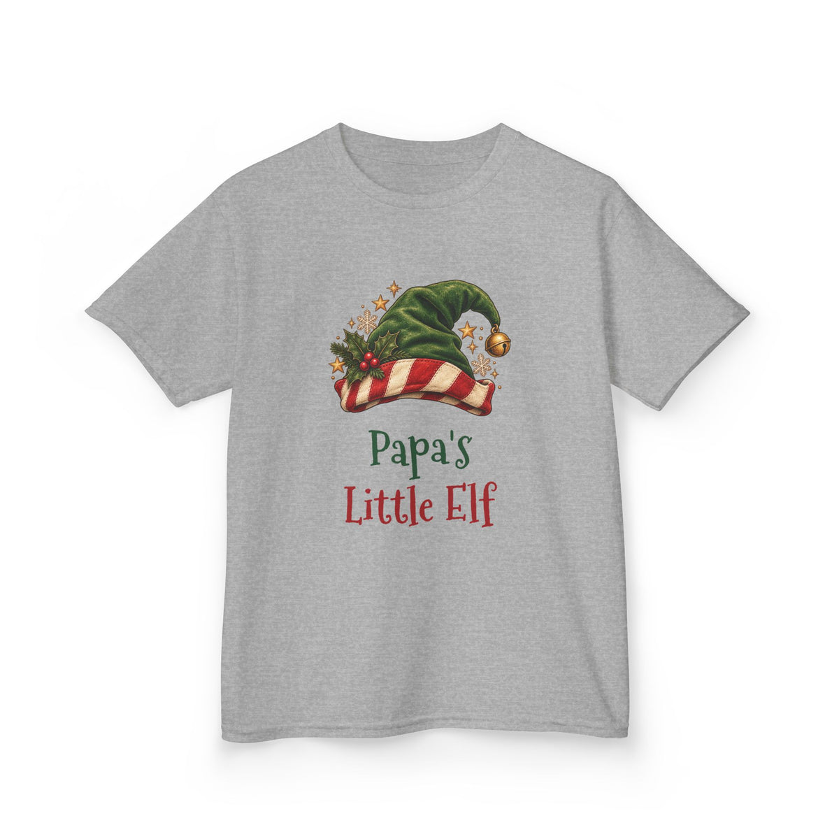 Sport Grey Papa's Little Elf kids t-shirt with a green elf hat and holly, front view