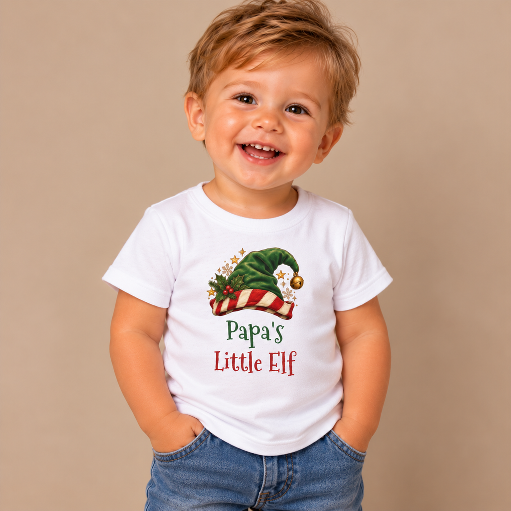 Boy wearing the White Papa's Little Elf Toddler T-Shirt