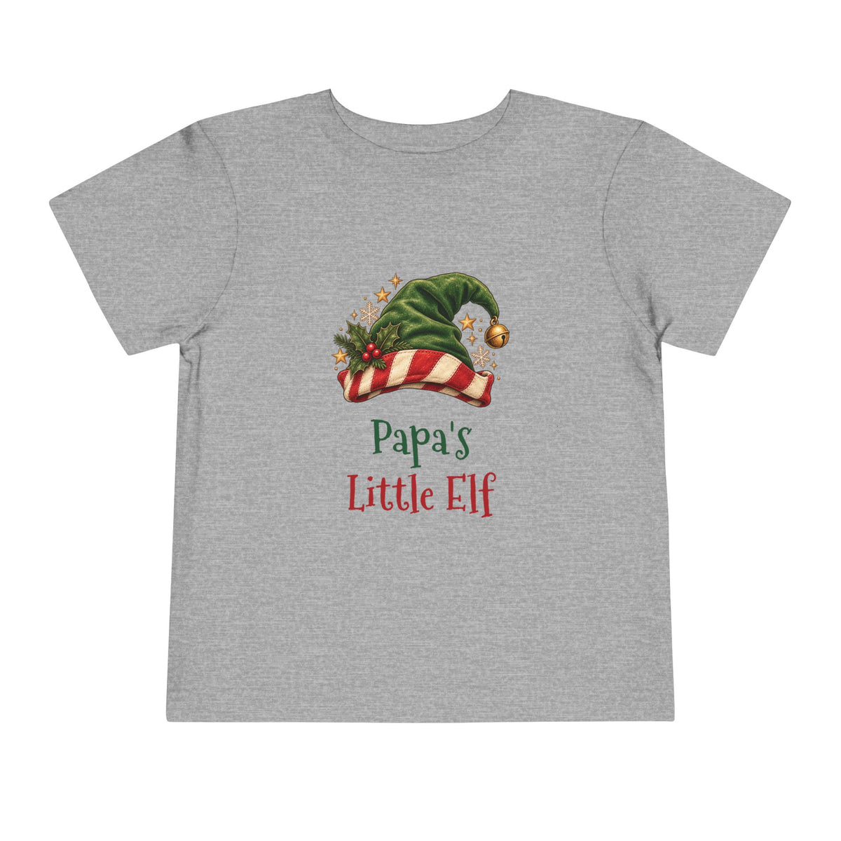 Athletic Heather Papa's Little Elf toddler t-shirt with a green elf hat and holly, front view