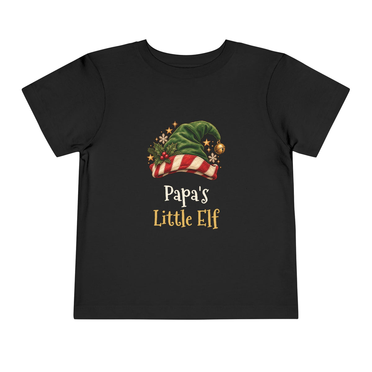 Black Papa's Little Elf toddler t-shirt with a green elf hat and holly, front view