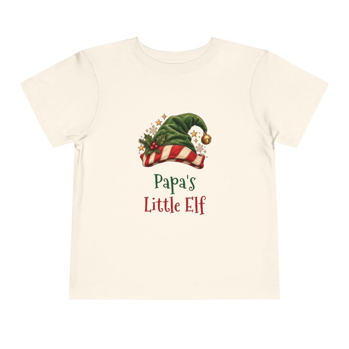 Natural Papa's Little Elf toddler t-shirt with a green elf hat and holly, front view
