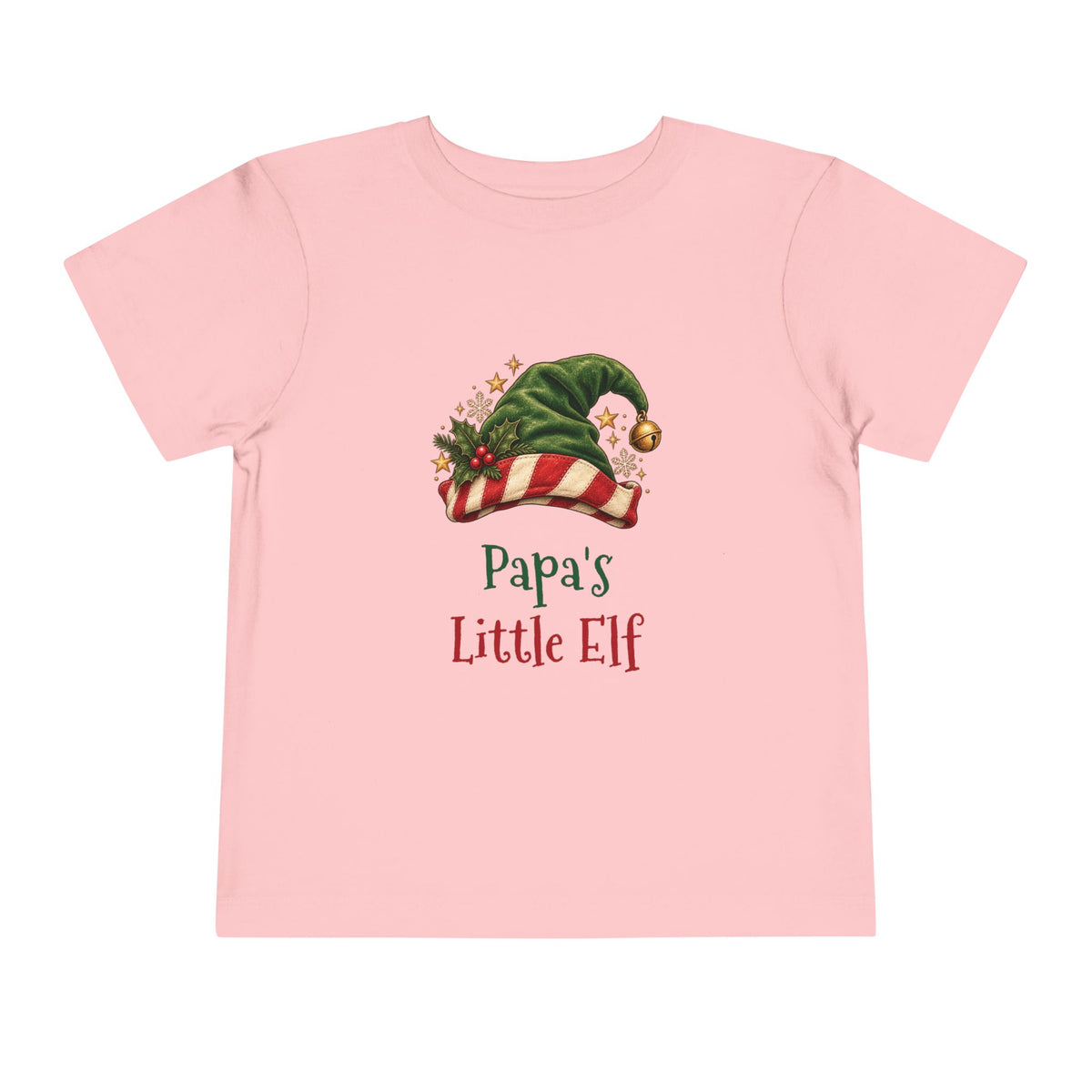 Pink Papa's Little Elf toddler t-shirt with a green elf hat and holly, front view