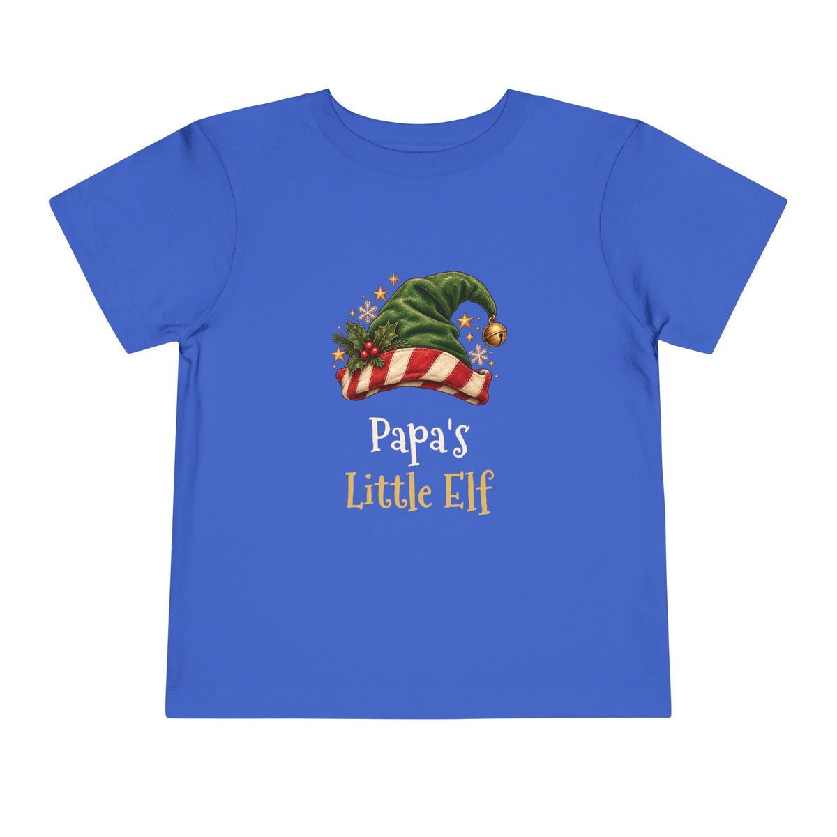 True Royal Papa's Little Elf toddler t-shirt with a green elf hat and holly, front view
