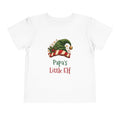 White Papa's Little Elf toddler t-shirt with a green elf hat and holly, front view