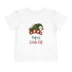 White Papa's Little Elf toddler t-shirt with a green elf hat and holly, front view