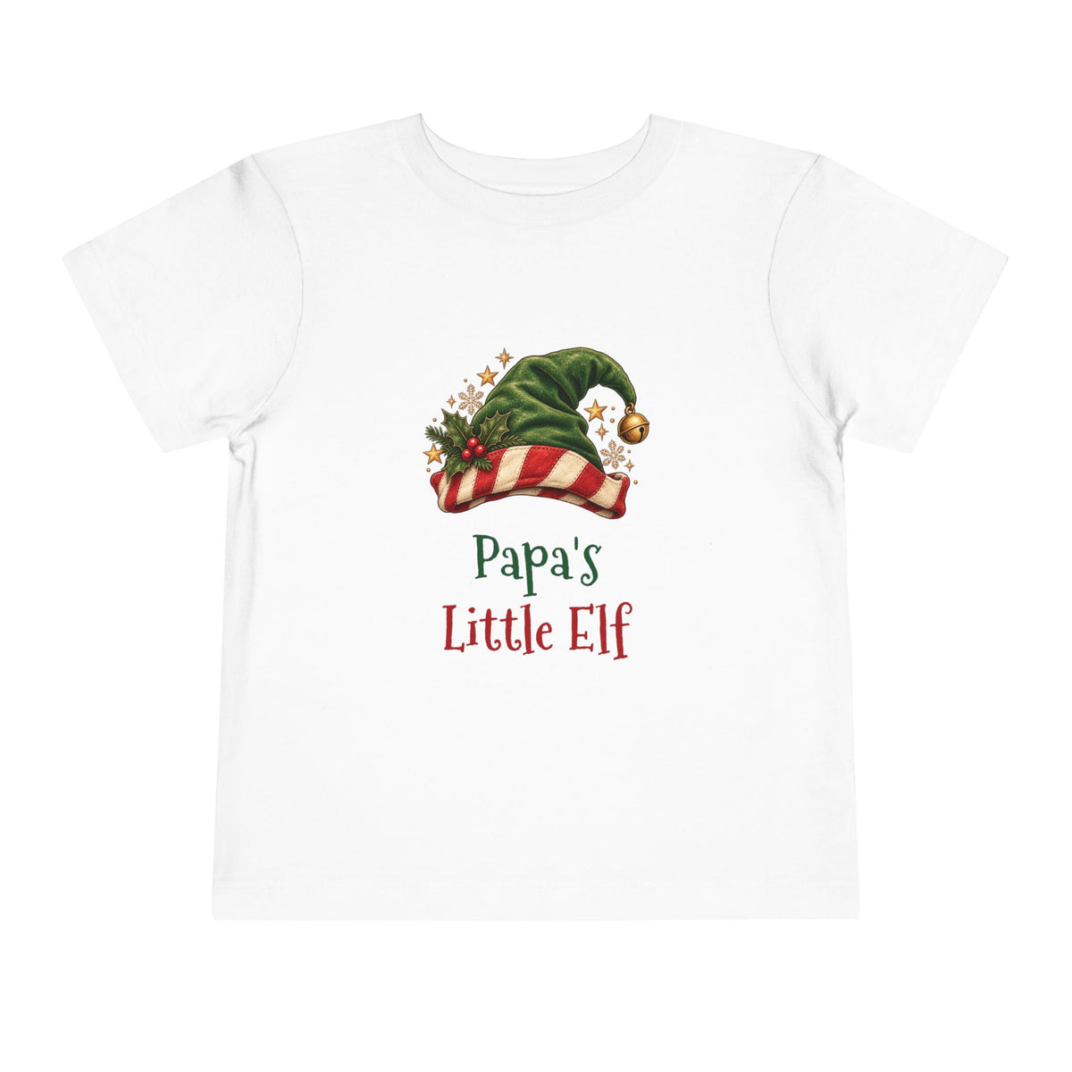 White Papa's Little Elf toddler t-shirt with a green elf hat and holly, front view