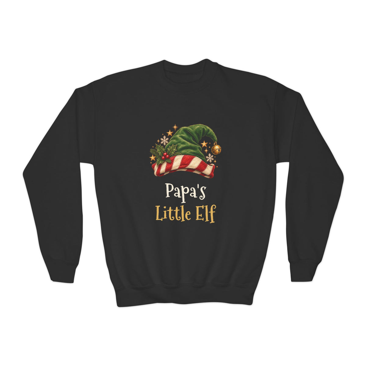 Black Papa's Little Elf youth sweatshirt with a green elf hat and holly, front view