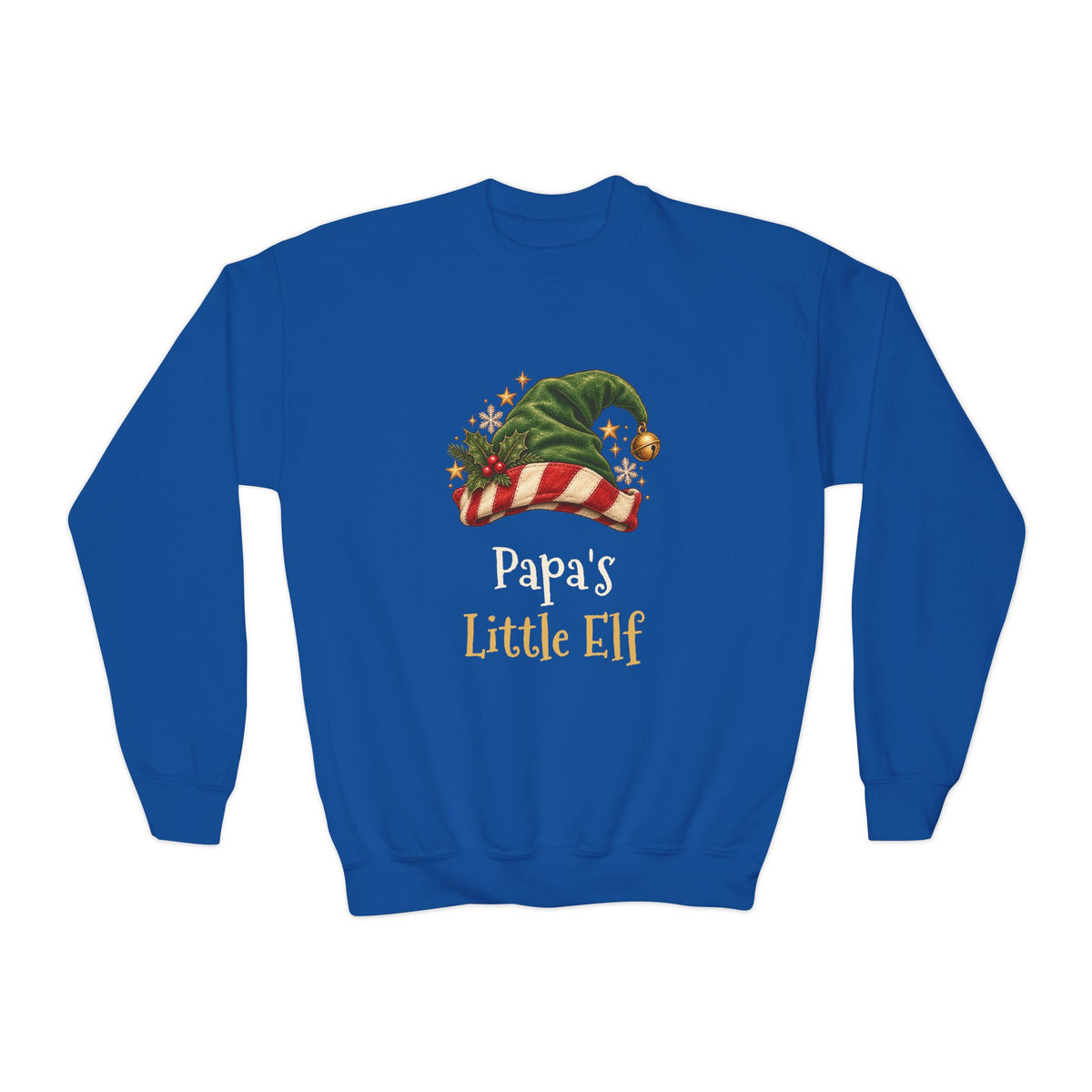 Royal Papa's Little Elf youth sweatshirt with a green elf hat and holly, front view