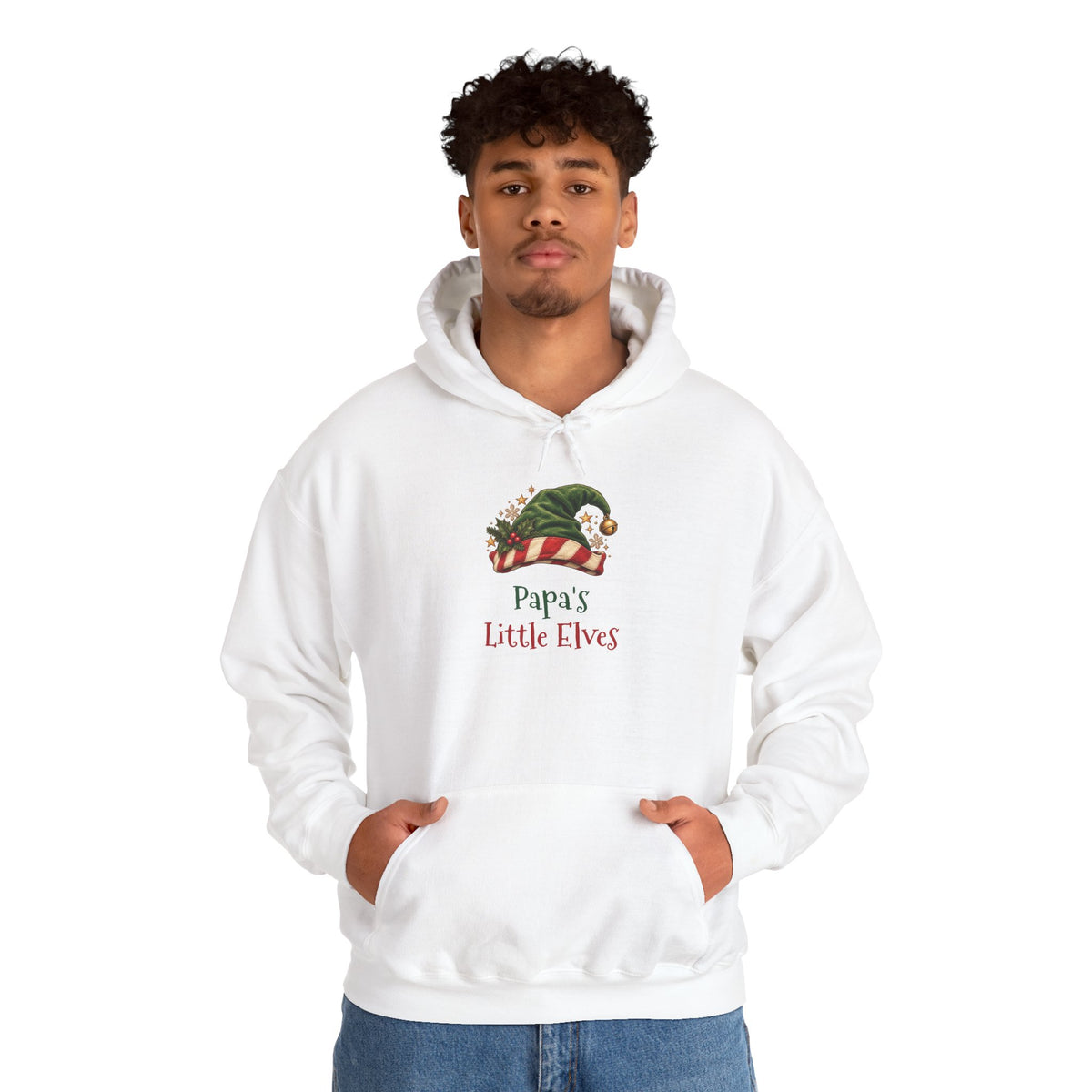 Man wearing the Papa's Little Elves Hoodie
