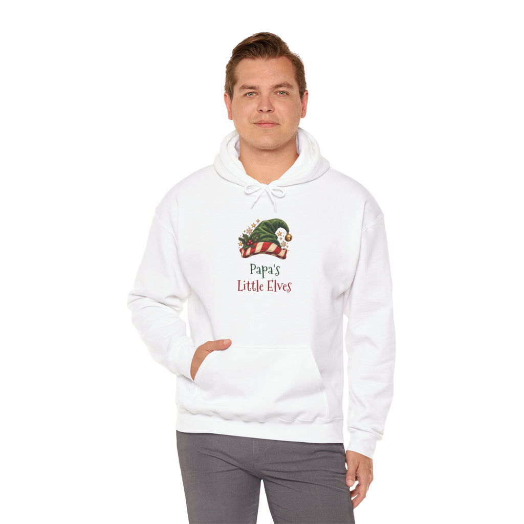 Man wearing the Papa's Little Elves Hoodie, smiling