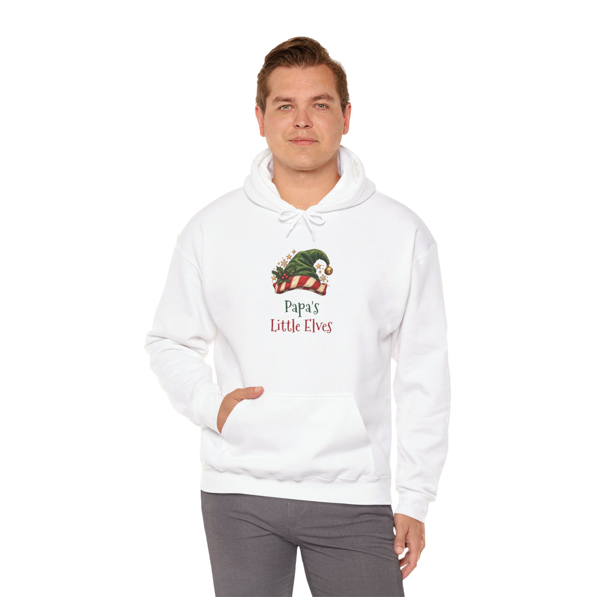 Man wearing the Papa's Little Elves Hoodie, smiling