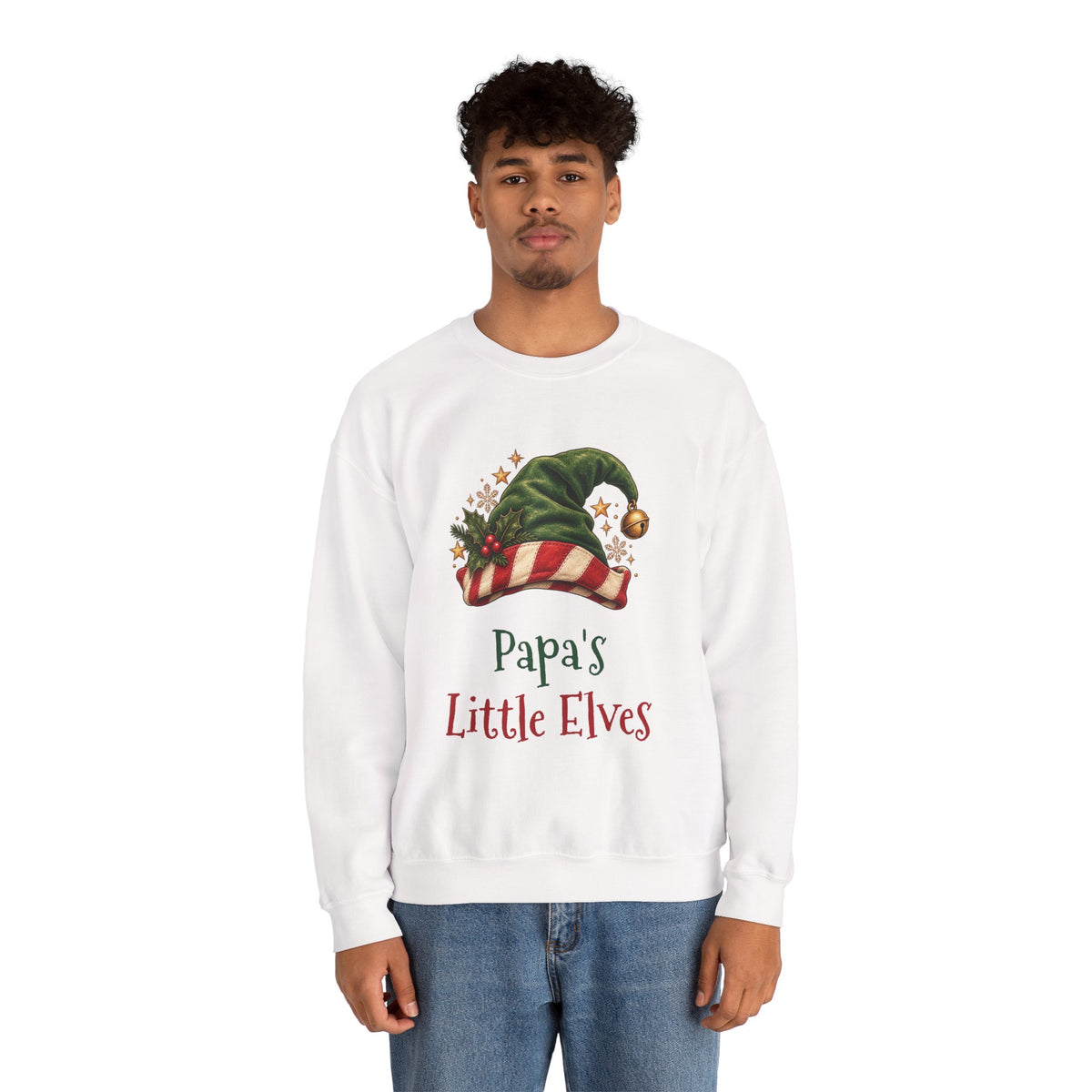 Man wearing the Papa's Little Elves Sweatshirt