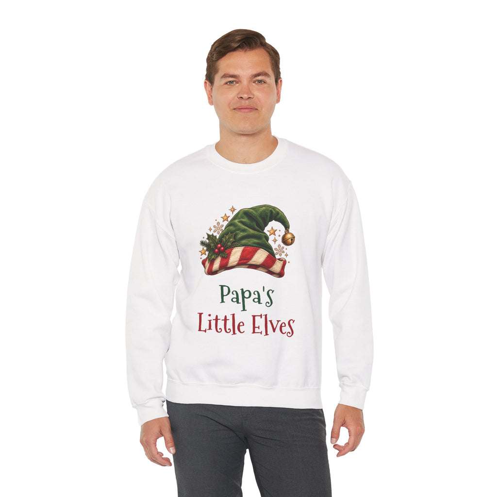 Man wearing the Papa's Little Elves Sweatshirt, smiling