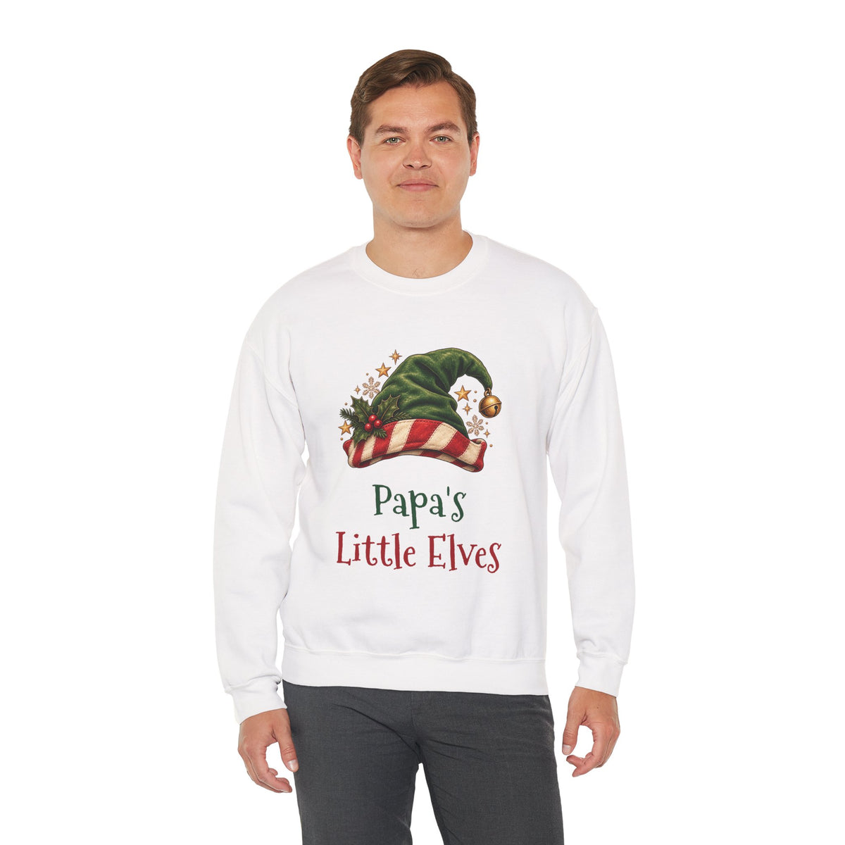 Man wearing the Papa's Little Elves Sweatshirt, smiling