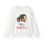 White Papa's Little Elves sweatshirt with a green elf hat and holly, front view