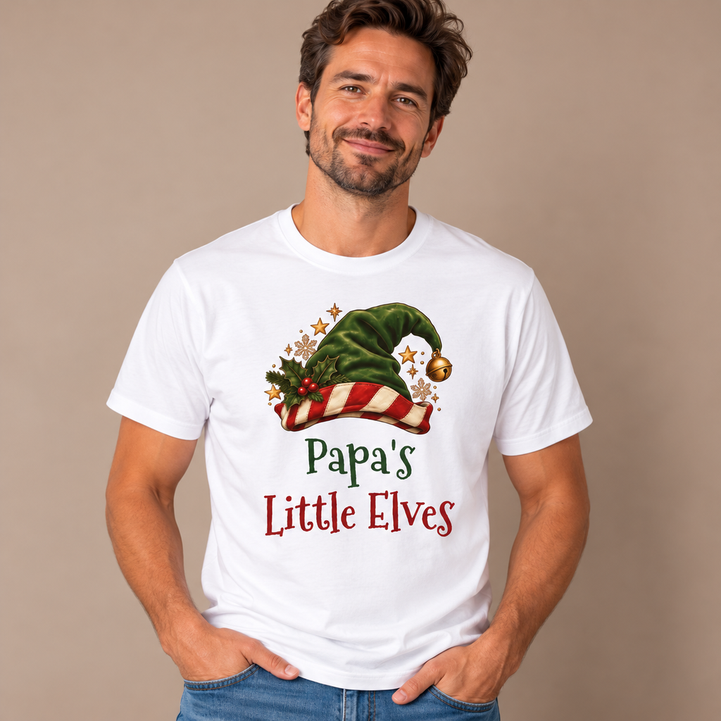 Man wearing the White Papa's Little Elves T-Shirt with jeans