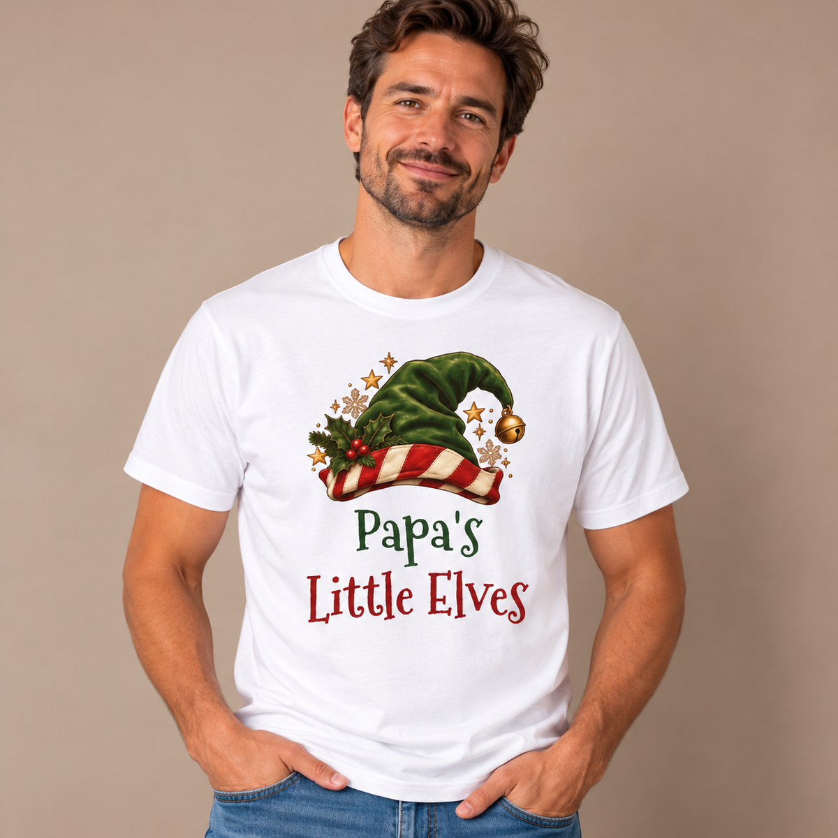 Man wearing the White Papa's Little Elves T-Shirt with jeans