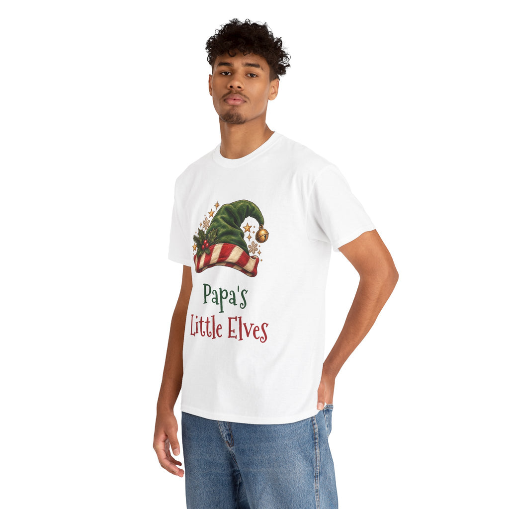 Man wearing the Papa's Little Elves T-Shirt, smiling