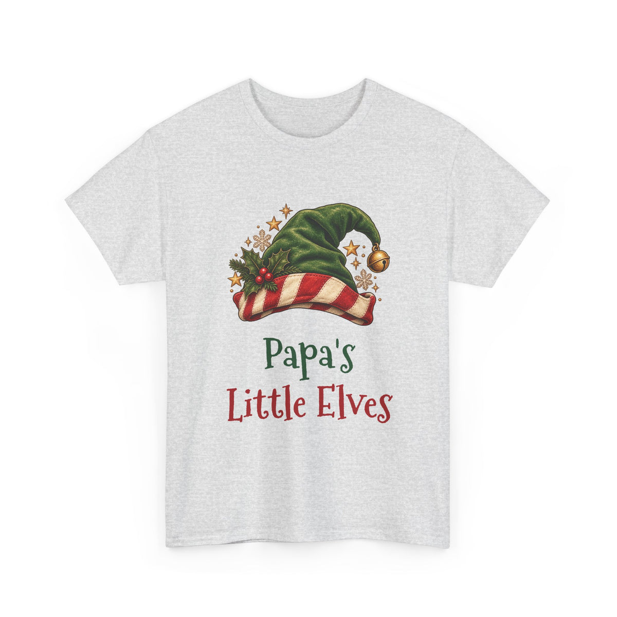 Ash Papa's Little Elves t-shirt with a green elf hat and holly, front view