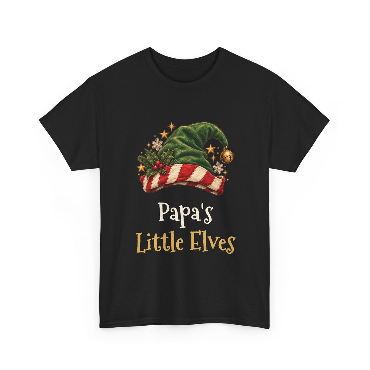 Black Papa's Little Elves t-shirt with a green elf hat and holly, front view